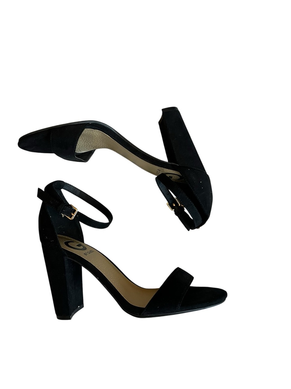 G by Guess Black Suede Ankle Strap Block Heel Sandals